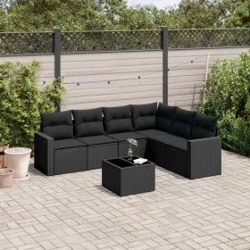    7 részes fekete polyrattan kerti ülőgarnitúra párnával