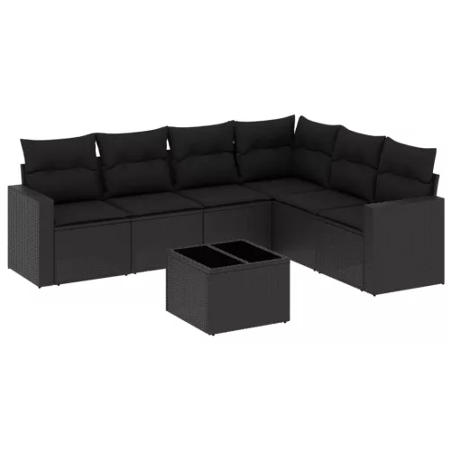  7 részes fekete polyrattan kerti ülőgarnitúra párnával