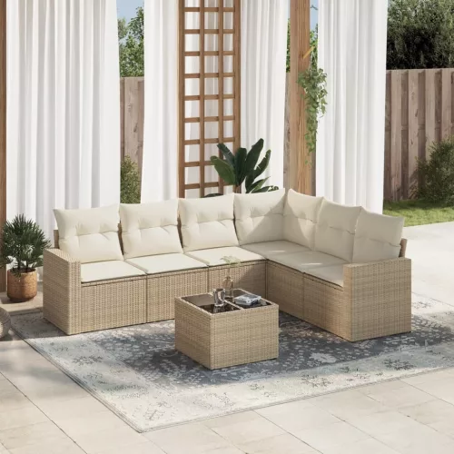  7 részes bézs polyrattan kerti ülőgarnitúra párnákkal