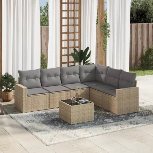  7 részes bézs polyrattan kerti ülőgarnitúra párnákkal