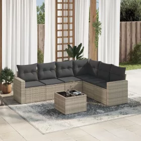   7 részes világosszürke polyrattan kerti ülőgarnitúra párnákkal