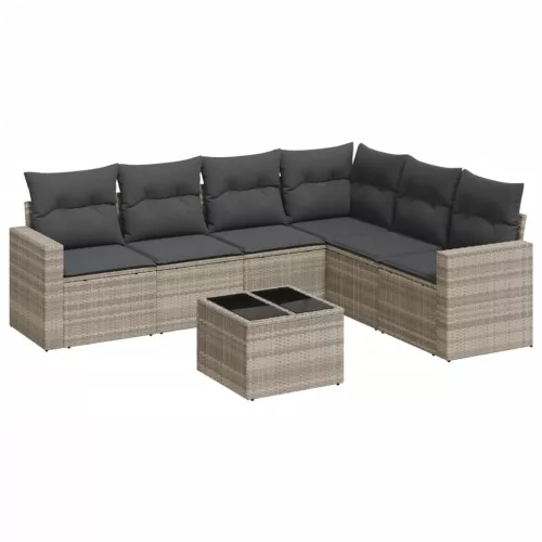  7 részes világosszürke polyrattan kerti ülőgarnitúra párnákkal