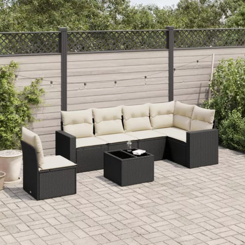  7 részes fekete polyrattan kerti ülőgarnitúra párnával