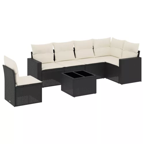  7 részes fekete polyrattan kerti ülőgarnitúra párnával