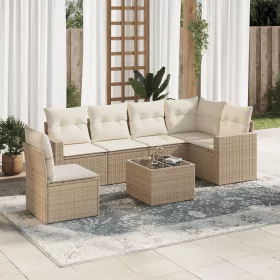    7 részes bézs polyrattan kerti ülőgarnitúra párnákkal