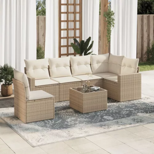  7 részes bézs polyrattan kerti ülőgarnitúra párnákkal