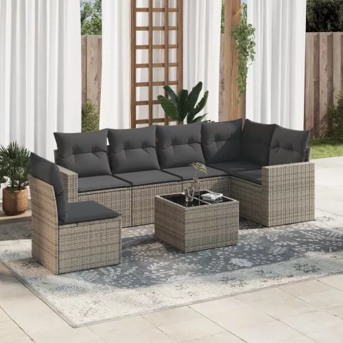  7 részes szürke polyrattan kerti ülőgarnitúra párnákkal