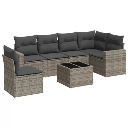  7 részes szürke polyrattan kerti ülőgarnitúra párnákkal