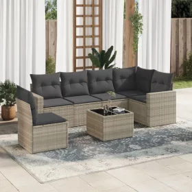    7 részes világosszürke polyrattan kerti ülőgarnitúra párnákkal