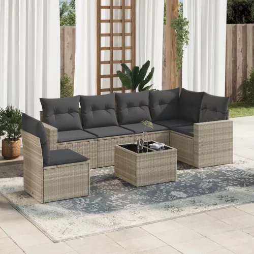  7 részes világosszürke polyrattan kerti ülőgarnitúra párnákkal