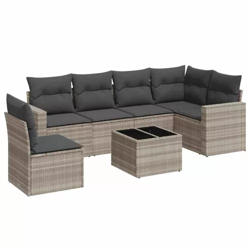  7 részes világosszürke polyrattan kerti ülőgarnitúra párnákkal