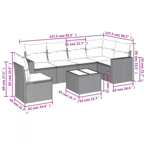  7 részes világosszürke polyrattan kerti ülőgarnitúra párnákkal