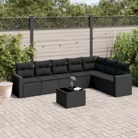    8 részes fekete polyrattan kerti ülőgarnitúra párnákkal