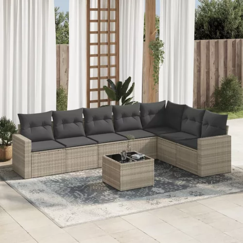  8 részes világosszürke polyrattan kerti ülőgarnitúra párnával