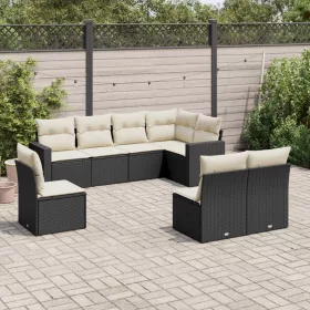    8 részes fekete polyrattan kerti ülőgarnitúra párnákkal