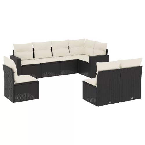  8 részes fekete polyrattan kerti ülőgarnitúra párnákkal
