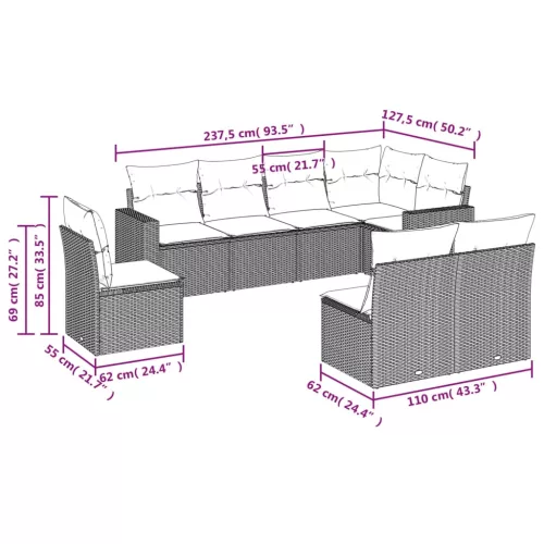  8 részes szürke polyrattan kerti ülőgarnitúra párnákkal