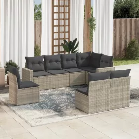    8 részes világosszürke polyrattan kerti ülőgarnitúra párnával