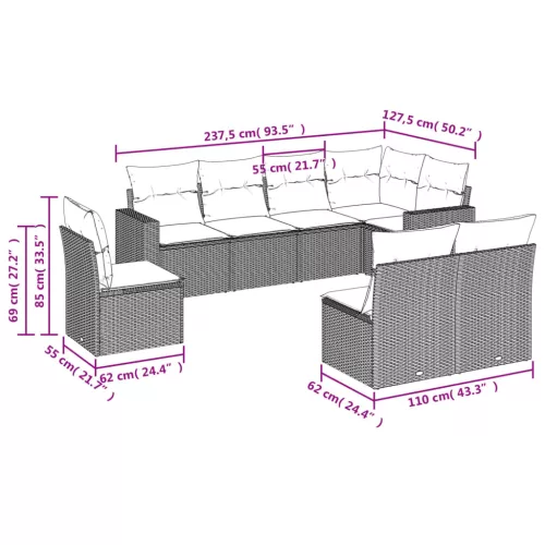 8 részes világosszürke polyrattan kerti ülőgarnitúra párnával