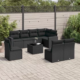    9 részes fekete polyrattan kerti ülőgarnitúra párnákkal