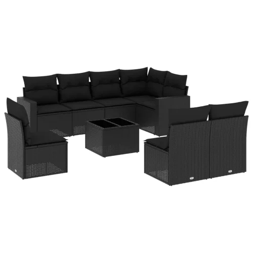  9 részes fekete polyrattan kerti ülőgarnitúra párnákkal