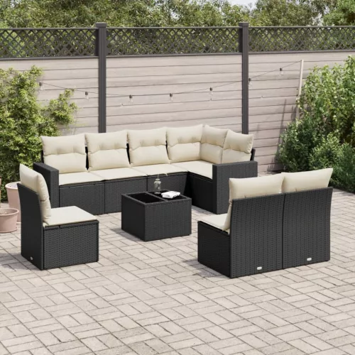  9 részes fekete polyrattan kerti ülőgarnitúra párnákkal