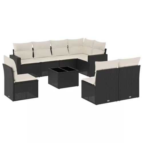  9 részes fekete polyrattan kerti ülőgarnitúra párnákkal