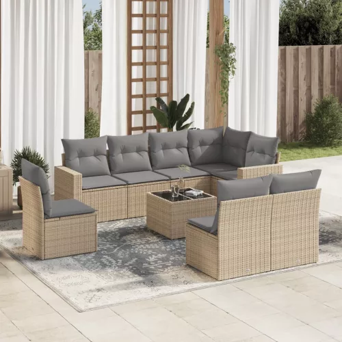  9 részes bézs polyrattan kerti ülőgarnitúra párnákkal