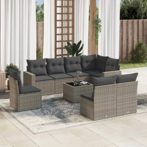  9 részes szürke polyrattan kerti ülőgarnitúra párnákkal