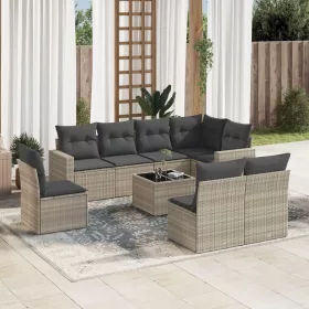    9 részes világosszürke polyrattan kerti ülőgarnitúra párnával