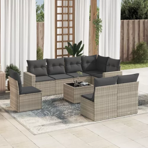  9 részes világosszürke polyrattan kerti ülőgarnitúra párnával