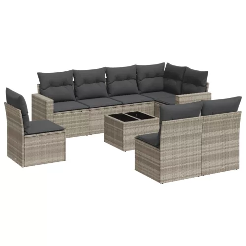  9 részes világosszürke polyrattan kerti ülőgarnitúra párnával