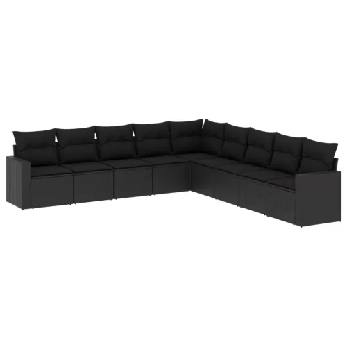  9 részes fekete polyrattan kerti ülőgarnitúra párnákkal
