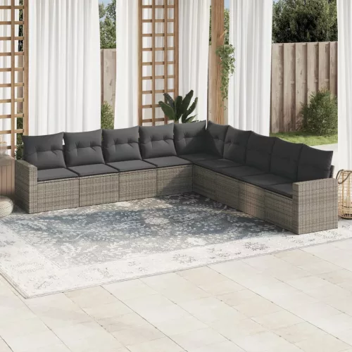  9 részes szürke polyrattan kerti ülőgarnitúra párnákkal