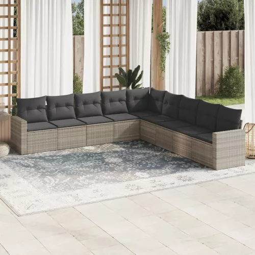 9 részes világosszürke polyrattan kerti ülőgarnitúra párnával
