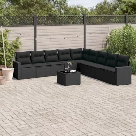    10 részes fekete polyrattan kerti ülőgarnitúra párnákkal