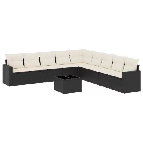  10 részes fekete polyrattan kerti ülőgarnitúra párnákkal