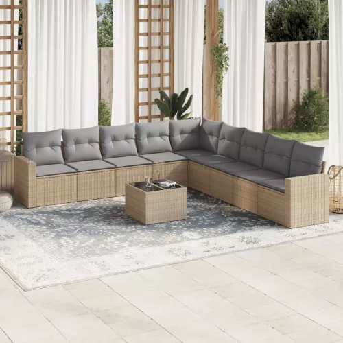  10 részes bézs polyrattan kerti ülőgarnitúra párnával