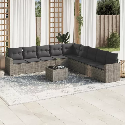  10 részes szürke polyrattan kerti ülőgarnitúra párnákkal