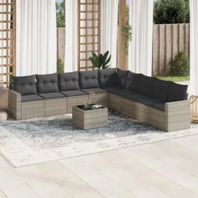    10 részes világosszürke polyrattan kerti ülőgarnitúra párnákkal
