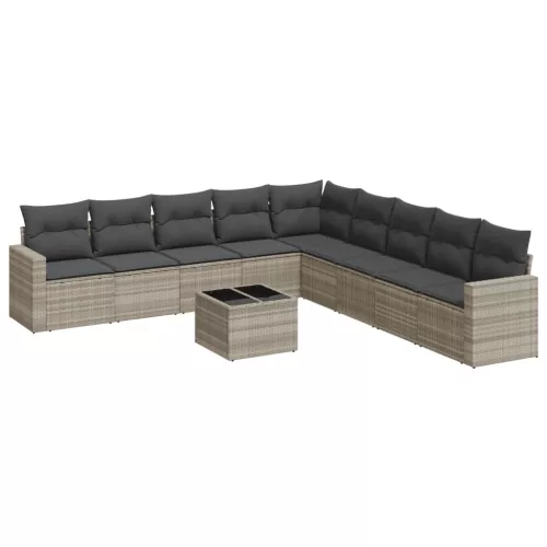  10 részes világosszürke polyrattan kerti ülőgarnitúra párnákkal