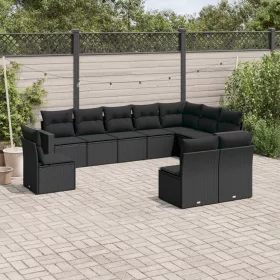    10 részes fekete polyrattan kerti ülőgarnitúra párnákkal