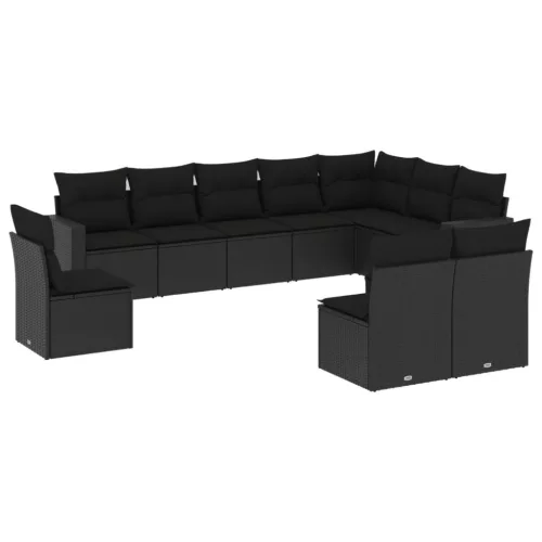  10 részes fekete polyrattan kerti ülőgarnitúra párnákkal