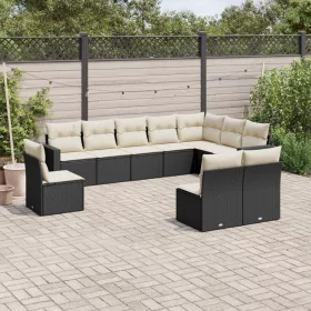   10 részes fekete polyrattan kerti ülőgarnitúra párnákkal