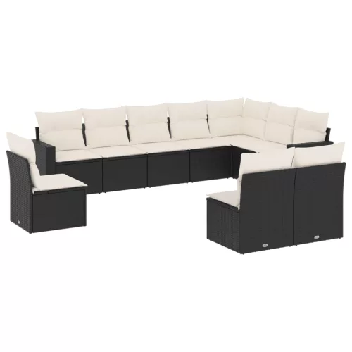  10 részes fekete polyrattan kerti ülőgarnitúra párnákkal