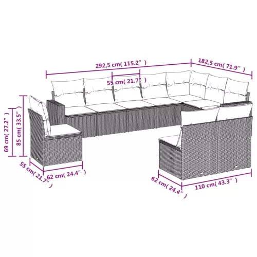  10 részes szürke polyrattan kerti ülőgarnitúra párnákkal