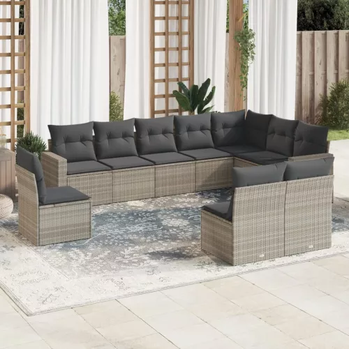  10 részes világosszürke polyrattan kerti ülőgarnitúra párnákkal