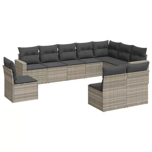  10 részes világosszürke polyrattan kerti ülőgarnitúra párnákkal