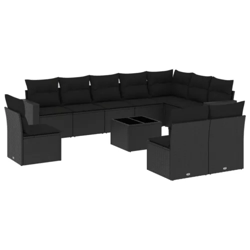  11 részes fekete polyrattan kerti ülőgarnitúra párnákkal