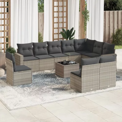  11 részes világosszürke polyrattan kerti ülőgarnitúra párnákkal